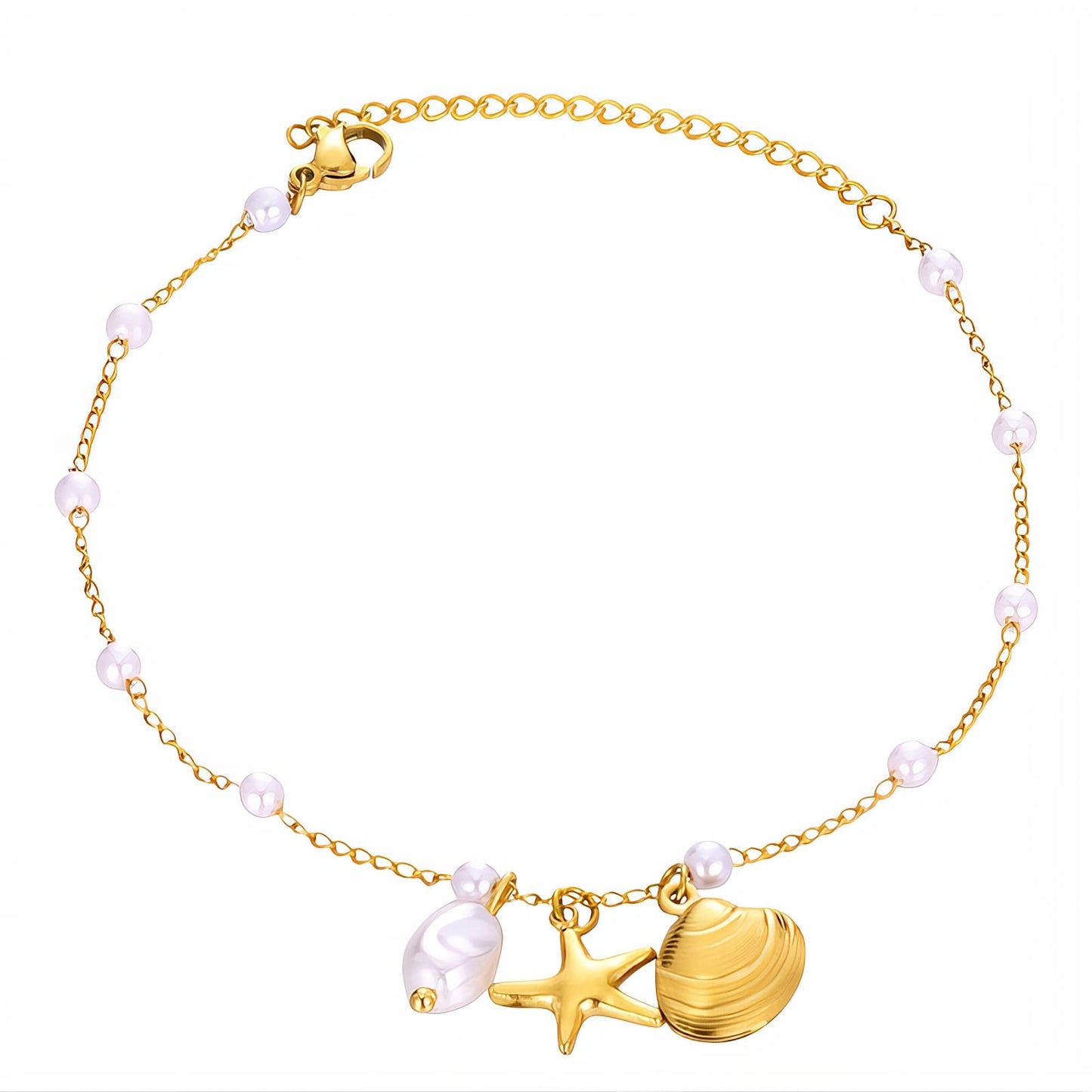 Starfish And Seashell Anklet, 18K Gold Plated Steel