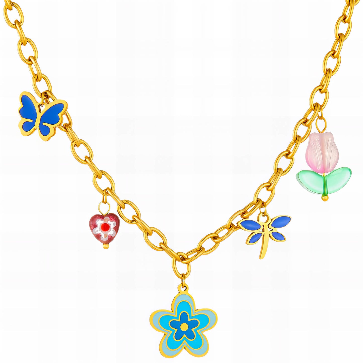 Flowers Necklace, 18K Gold Plated Steel