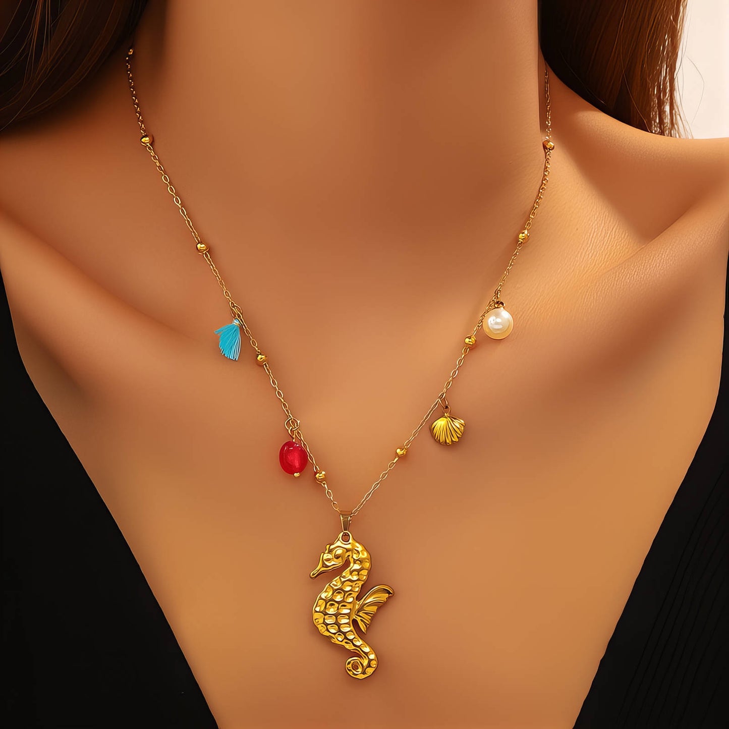 Seahorse Necklace, 18K Gold Plated Steel