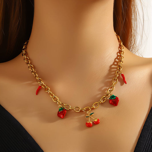 Strawberry Necklace, 18K Gold Plated Steel