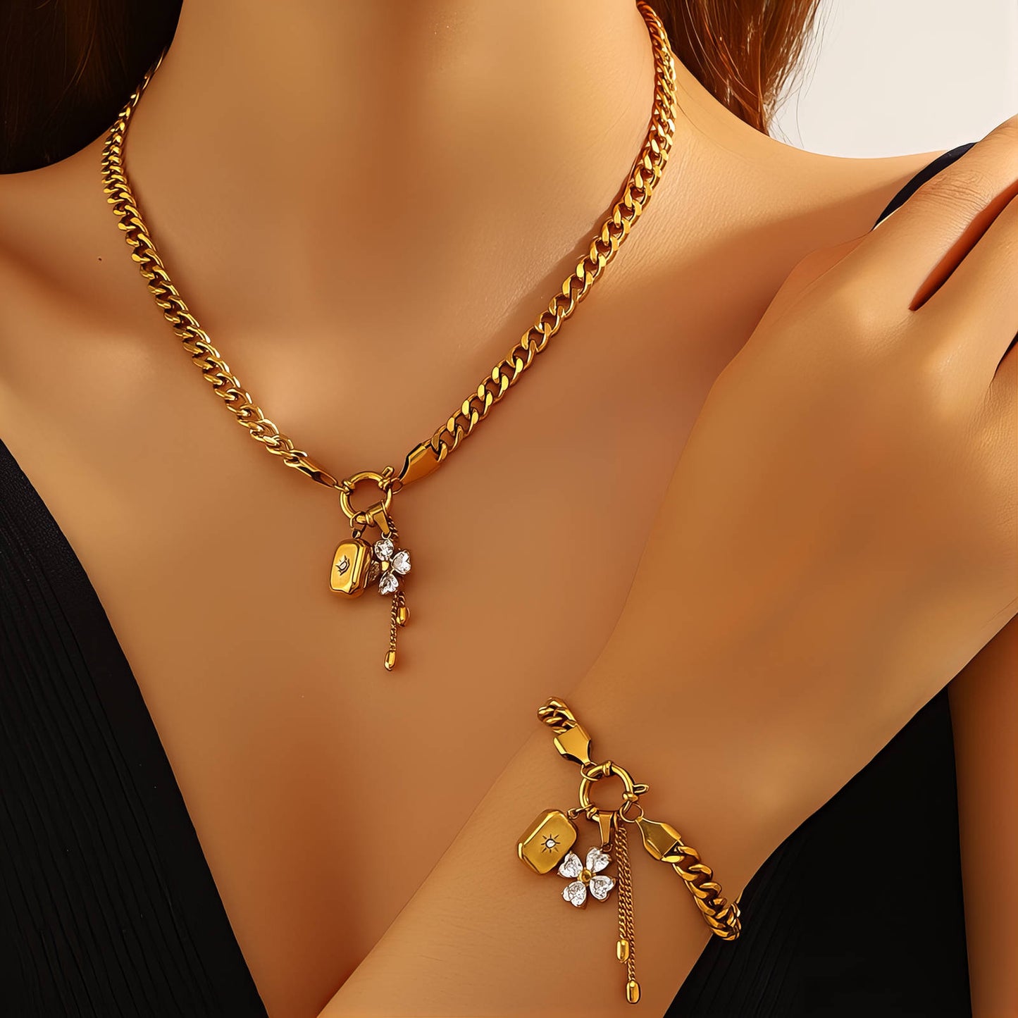 Flower Necklace, 18K Gold Plated Steel