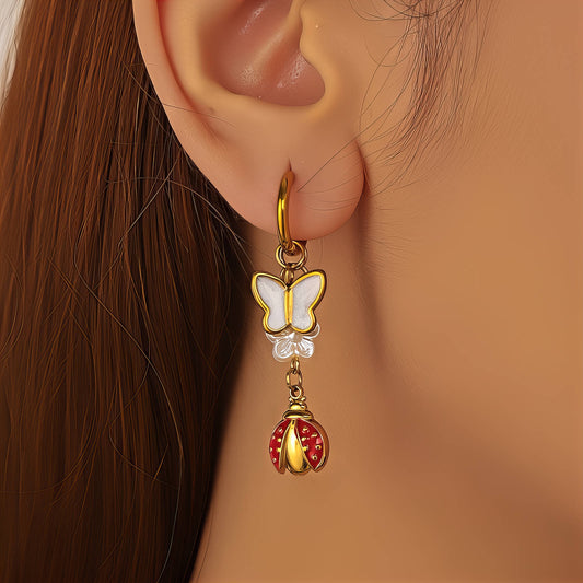 Ladybugs Earrings, 18K Gold Plated Steel