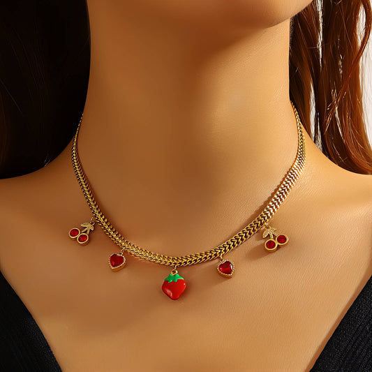 Strawberry Necklace, 18K Gold Plated Steel