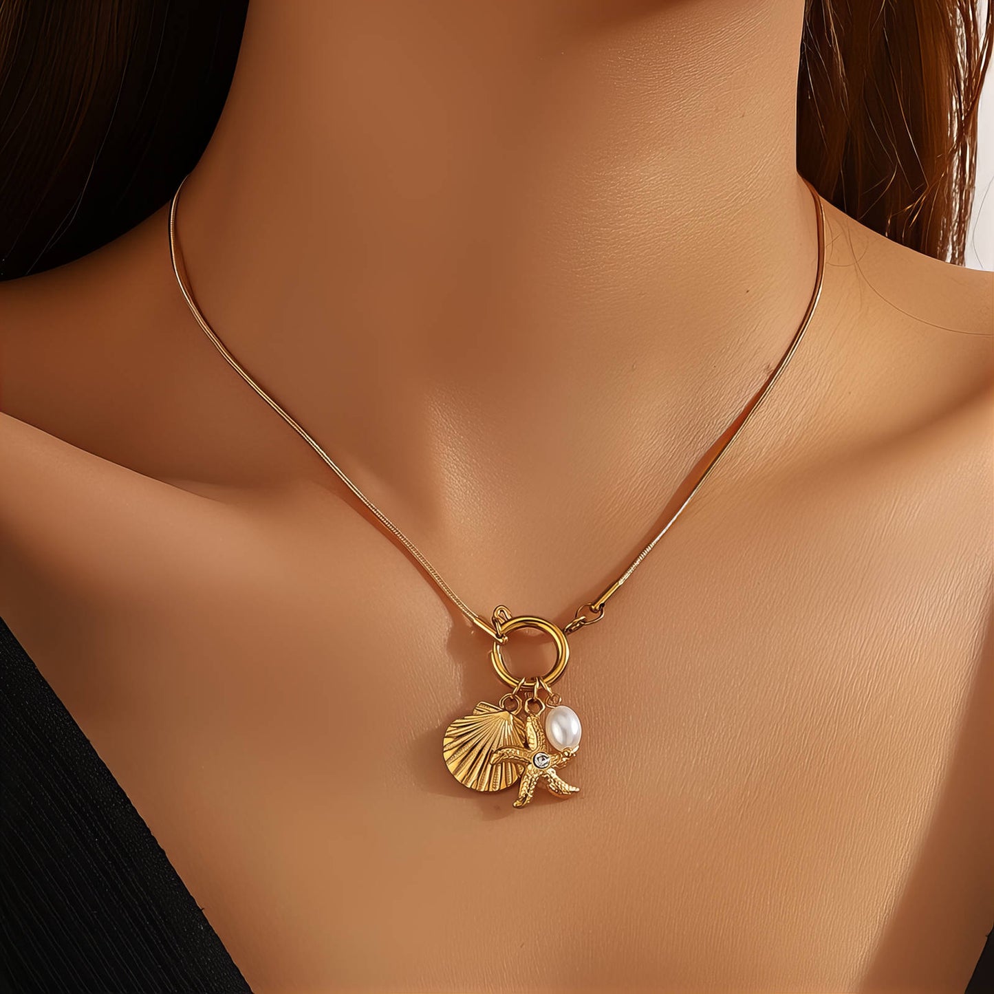 Starfish And Seashell Necklace, 18K Gold Plated Steel