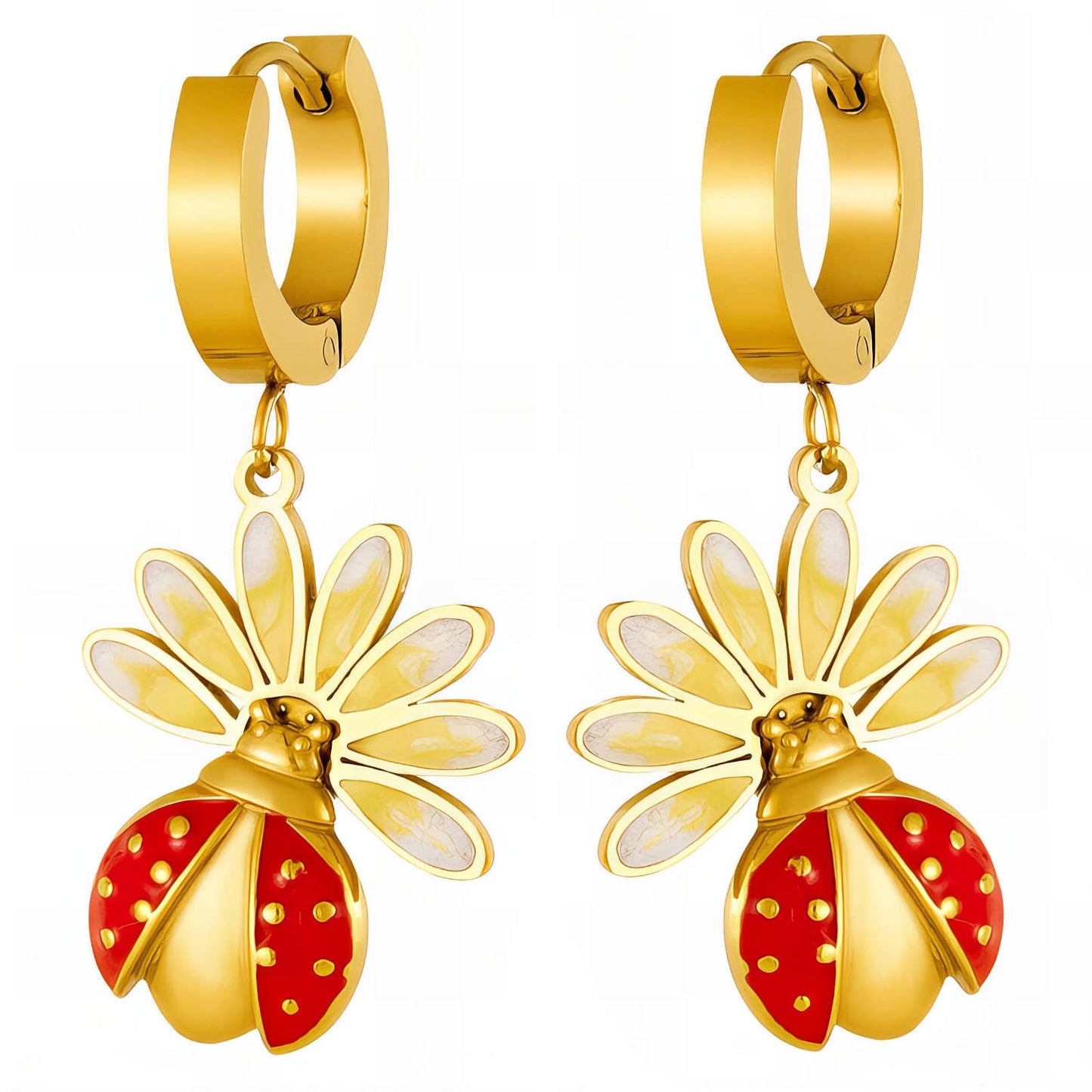 Ladybugs Earrings, 18K Gold Plated Steel