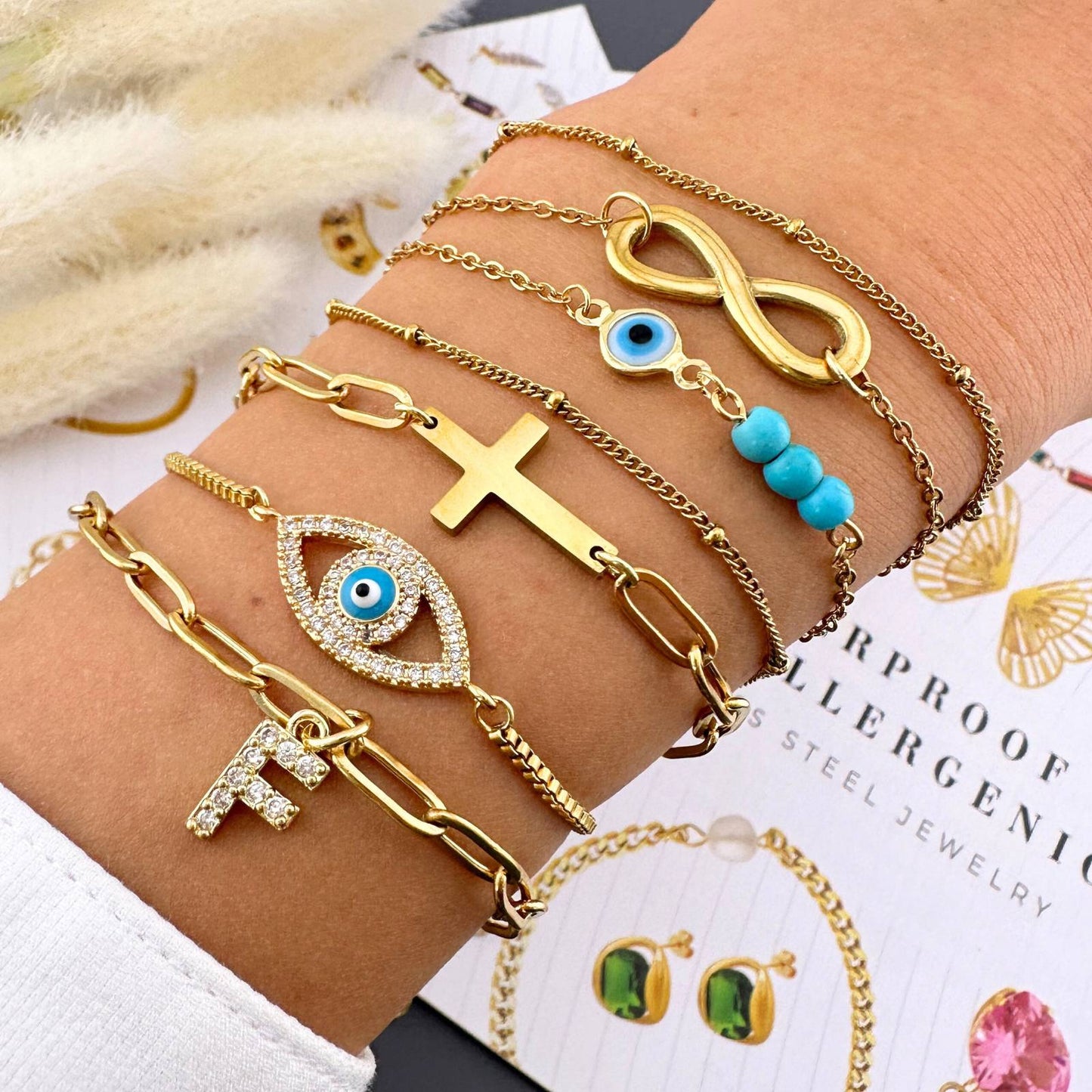 Evil Eye Bracelet, 18K Gold Plated Steel