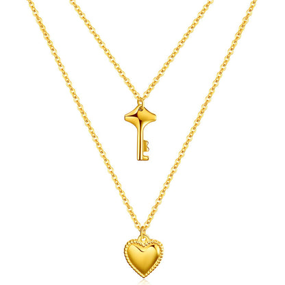 Heart and Key Necklace, 18K Gold Plated Steel