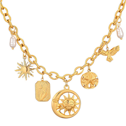 Crescent And Sun Necklace, 18K Gold Plated Steel