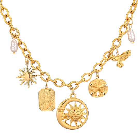 Crescent And Sun Necklace, 18K Gold Plated Steel