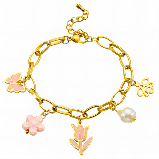 Flowers Bracelet, 18K Gold Plated Steel