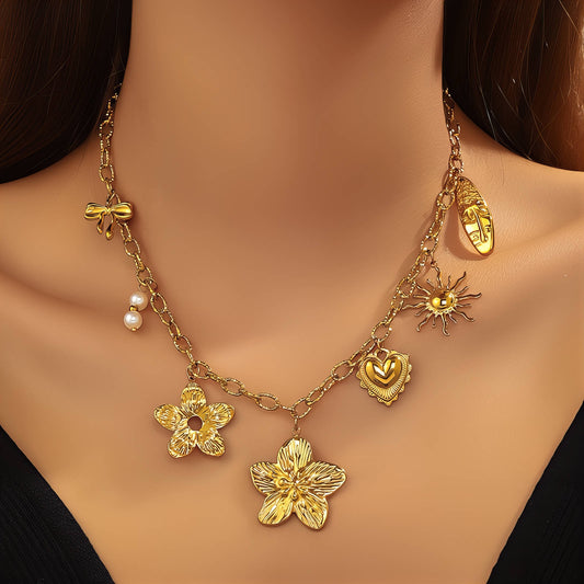 Flowers Necklace, 18K Gold Plated Steel