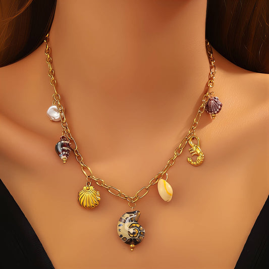 Seashells Necklace, 18K Gold Plated Steel