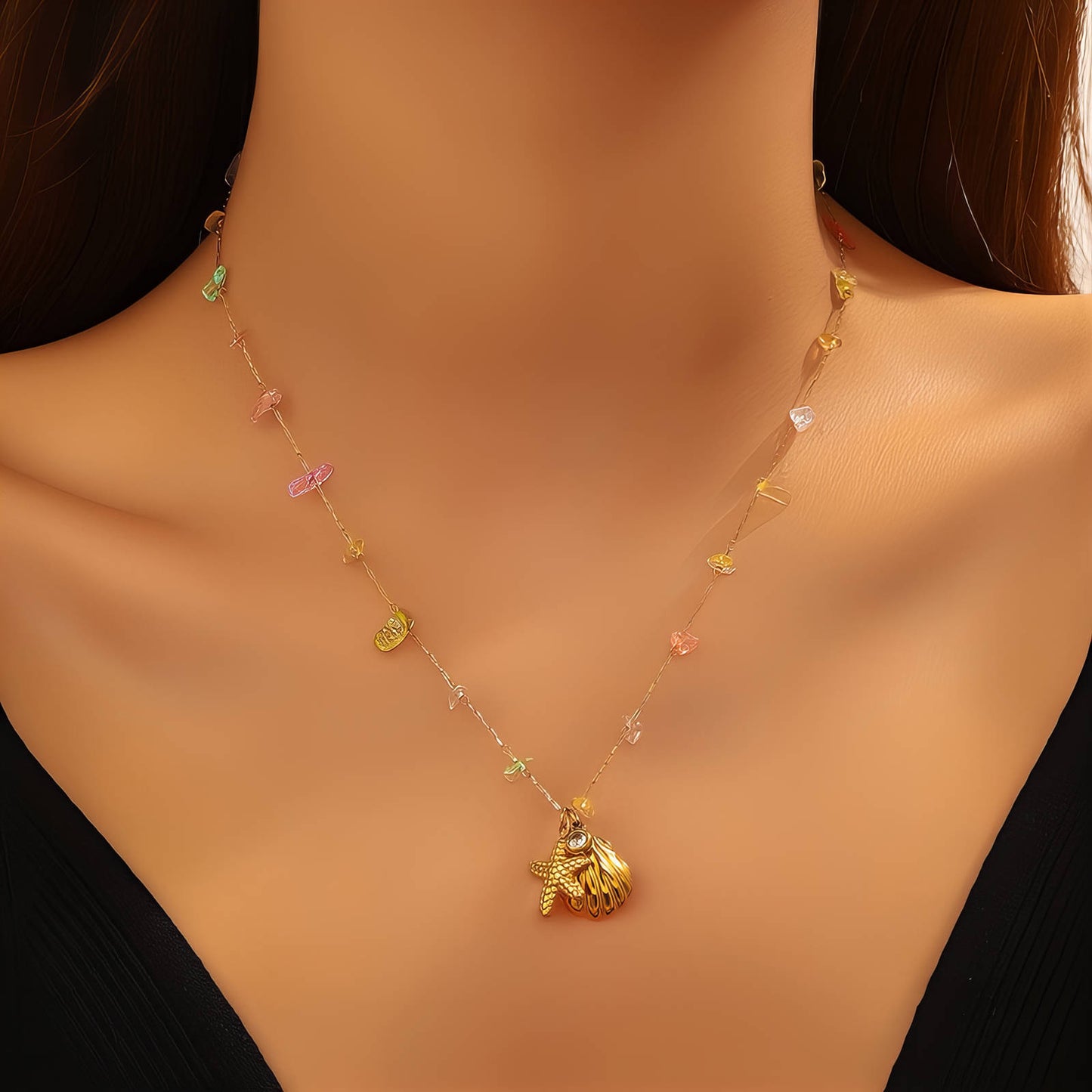 Starfish And Seashell Necklace, 18K Gold Plated Steel
