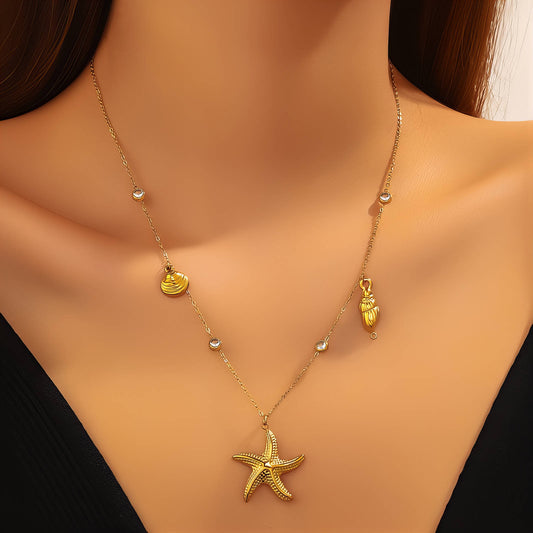 Starfish And Seashell Necklace, 18K Gold Plated Steel