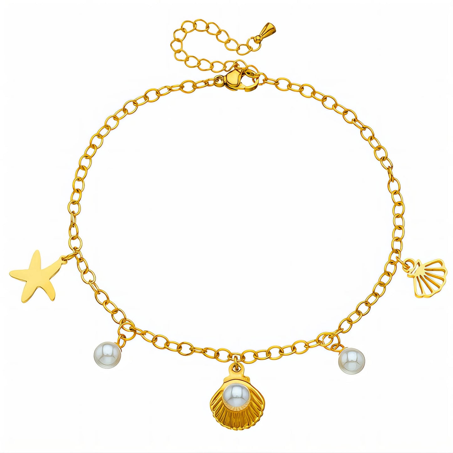 Starfish And Seashell Anklet, 18K Gold Plated Steel