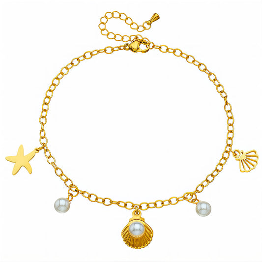 Starfish And Seashell Anklet, 18K Gold Plated Steel