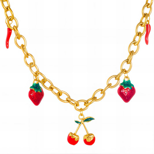 Strawberry Necklace, 18K Gold Plated Steel