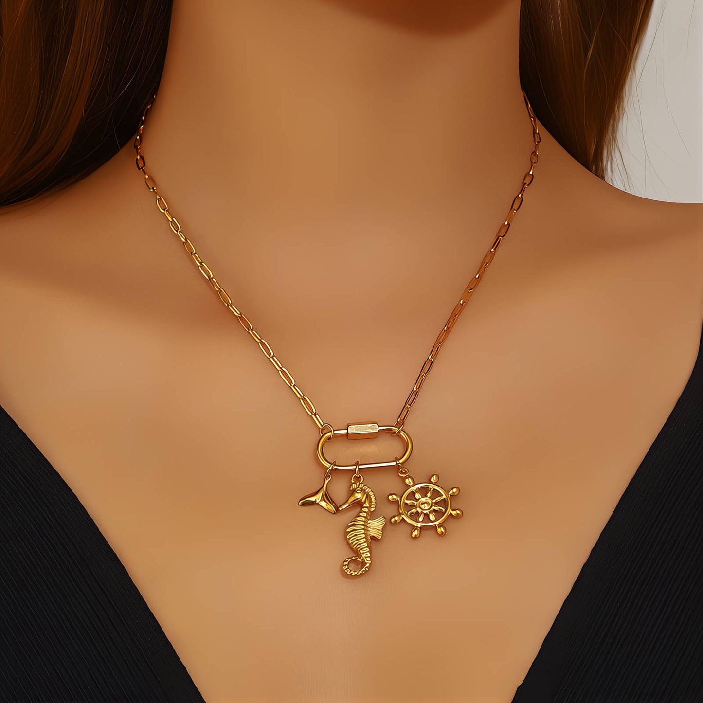 Seahorse Necklace, 18K Gold Plated Steel