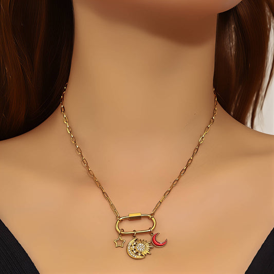 Crescent And Sun Necklace, 18K Gold Plated Steel