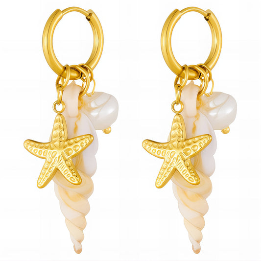 Starfish And Seashell Earrings, 18K Gold Plated Steel