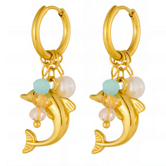 Dolphins Earrings, 18K Gold Plated Steel