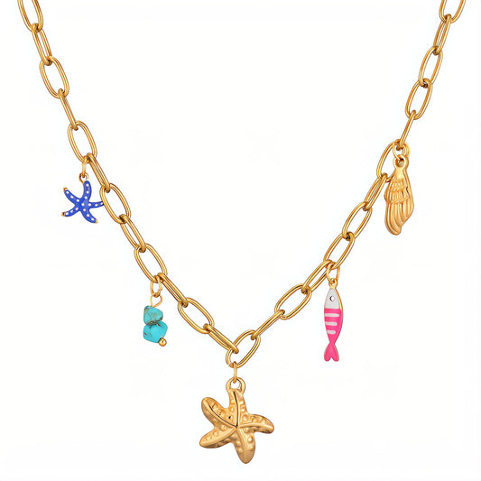 Starfish and Seashell Necklace, 18K Gold Plated Steel
