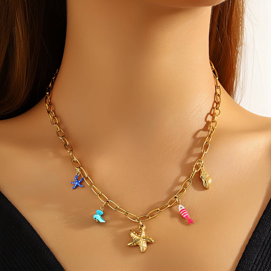 Starfish and Seashell Necklace, 18K Gold Plated Steel