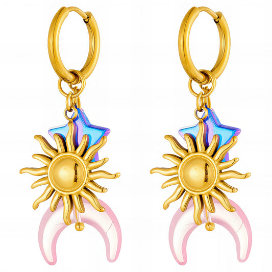 Crescent And Sun Earrings, 18K Gold Plated Steel