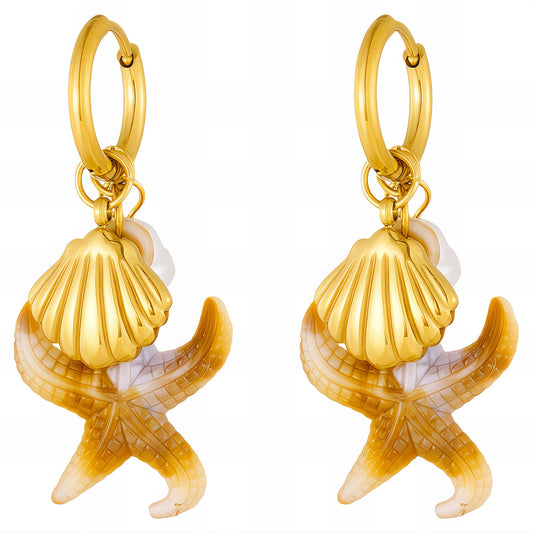 Starfish And Seashell Earrings, 18K Gold Plated Steel