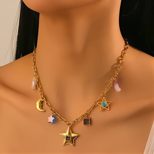 Crescent And Star Necklace, 18K Gold Plated Steel