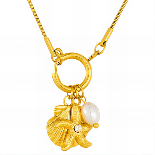 Starfish And Seashell Necklace, 18K Gold Plated Steel