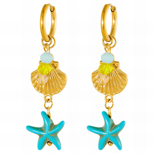 Starfish And Seashell Earrings, 18K Gold Plated Steel