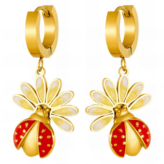Ladybugs Earrings, 18K Gold Plated Steel