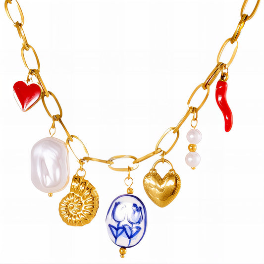 Flowers Necklace, 18K Gold Plated Steel