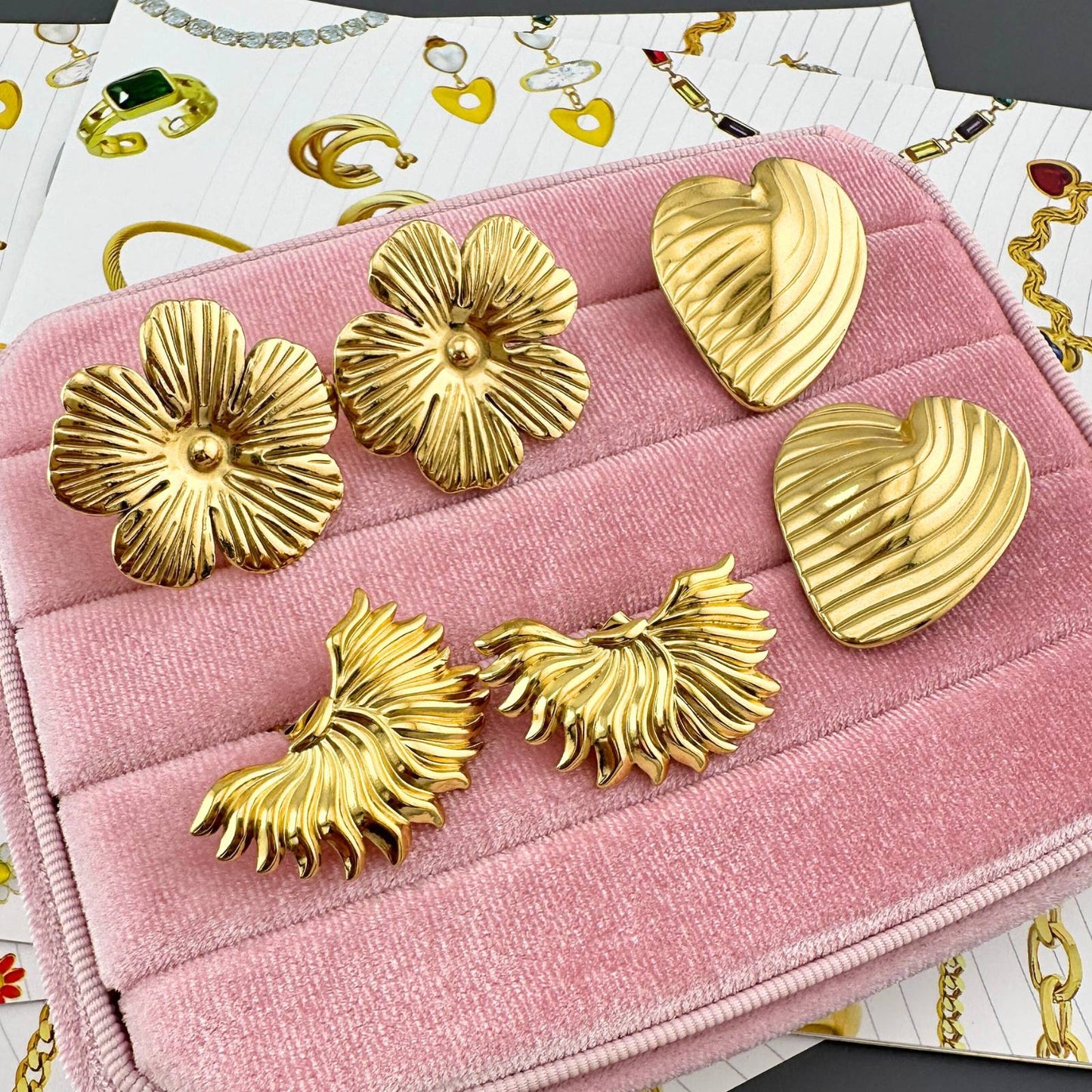 Hearts Earrings, 18K Gold Plated Steel